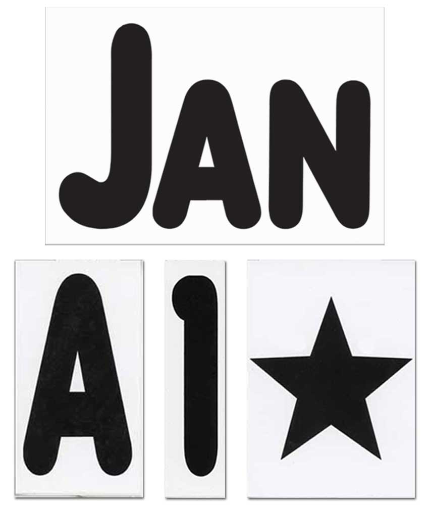 A sample of the characters Jan, A, 1, and Star that are available.